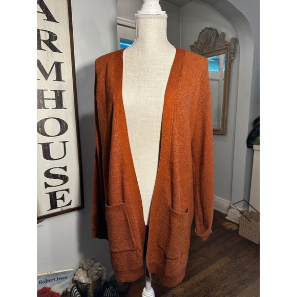 Cyrus Open Front Extra Long Pockets Cardigan Rust Brown Classic Knit medium - Picture 2 of 15